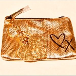 V Secret Logo Gold Black Wristlet Purse Wallet + Sequin Heart Keychain NWT